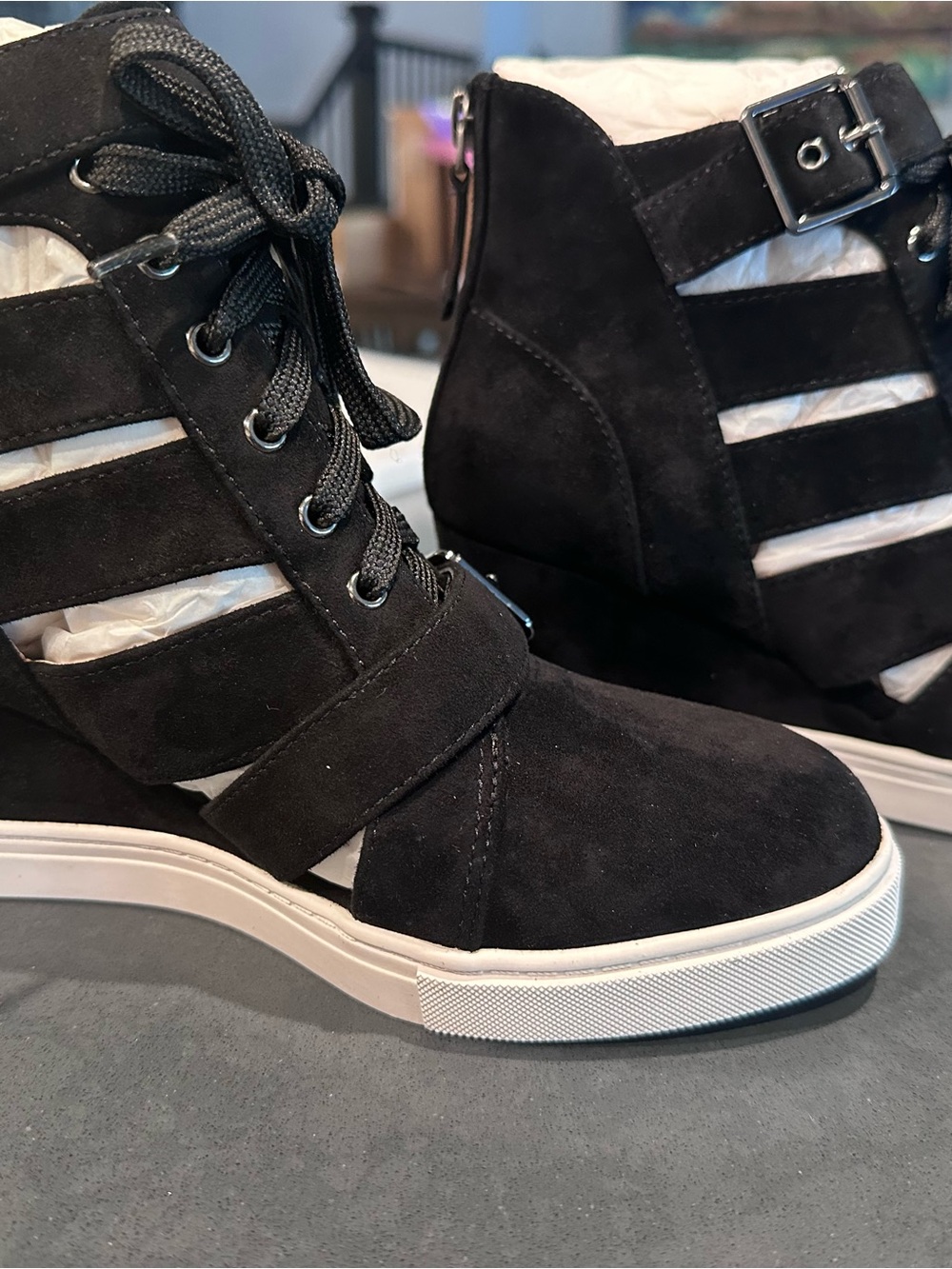 LINEA Paolo Fave-L Black Suede Wedge Sneakers 7.5 NIB